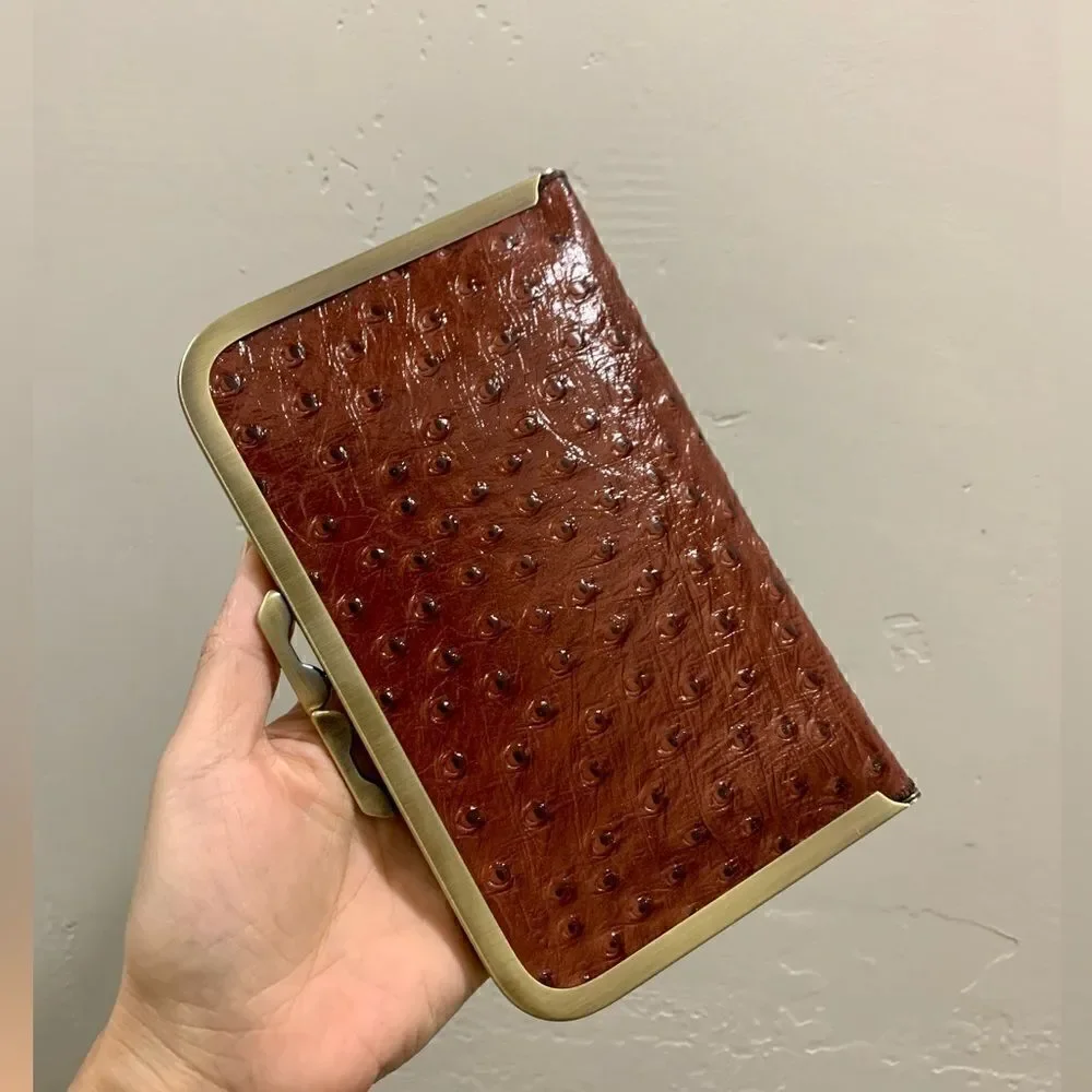 Handmade Genuine Ostrich Textured Cowhide, Kisslock Clutch/Passport Holder